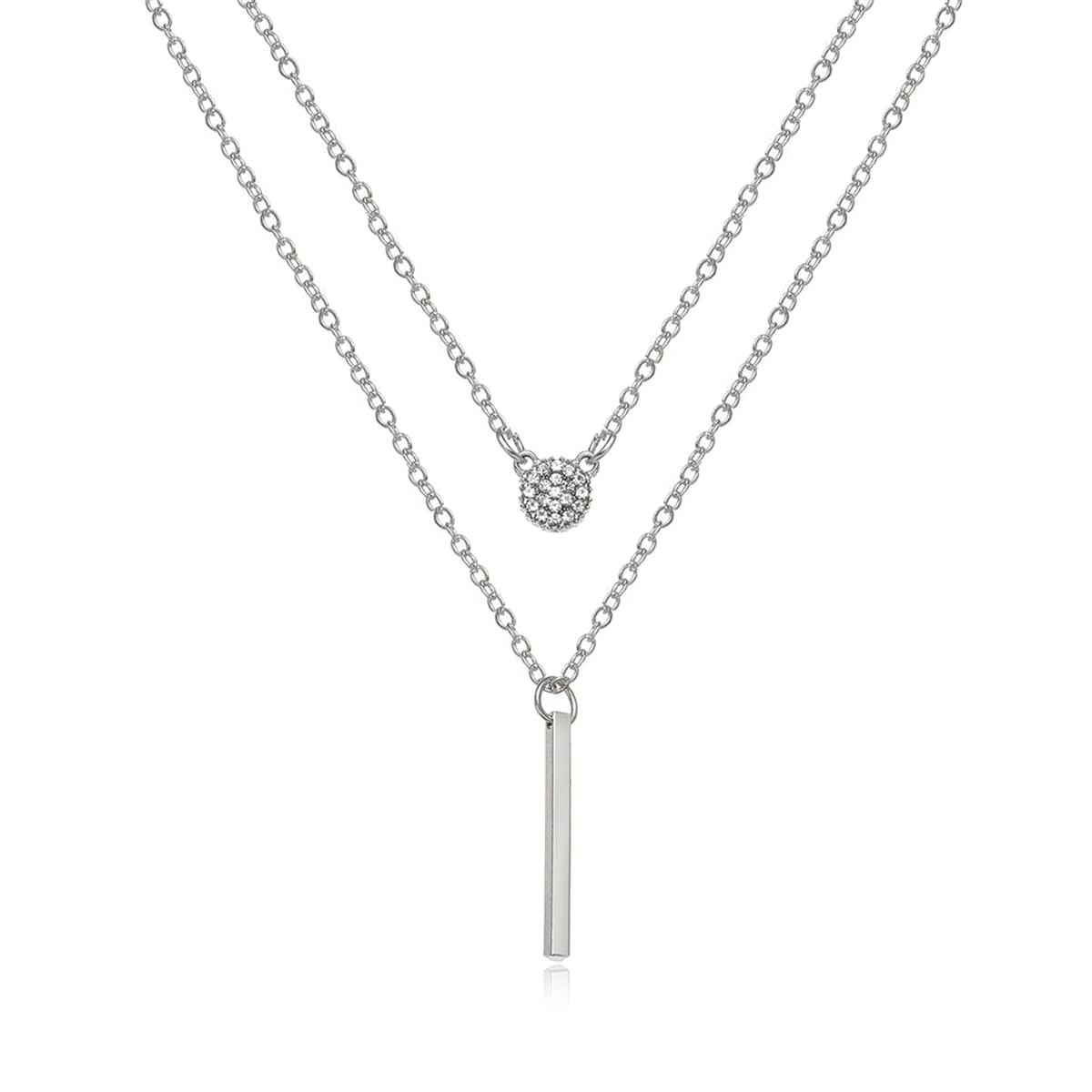 Cubic Zirconia & Silvertone Layered Bar Pendant Necklace