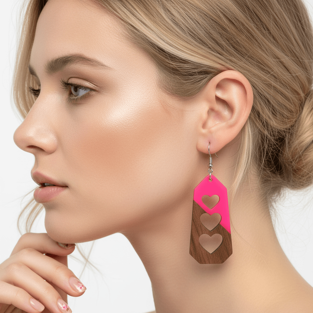 Rose Resin & Wood Silvertone Graduated Heart Hook Earrings