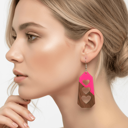Rose Resin & Wood Silvertone Graduated Heart Hook Earrings