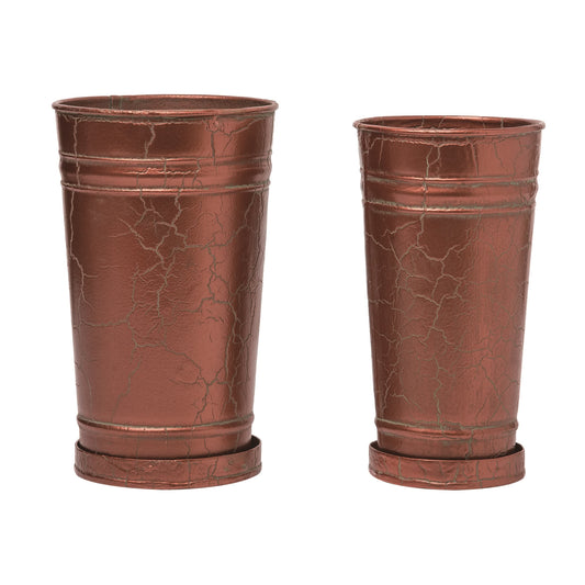 Set of 2 Metal Planters 5.25 Inch Bronze Spring Patina Aged Design for Home and Garden Decor