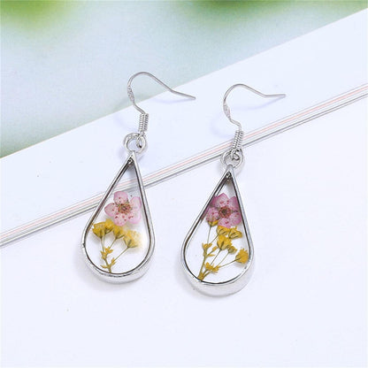 Pink & Yellow Pressed Peach Flower Silvertone Drop Earrings