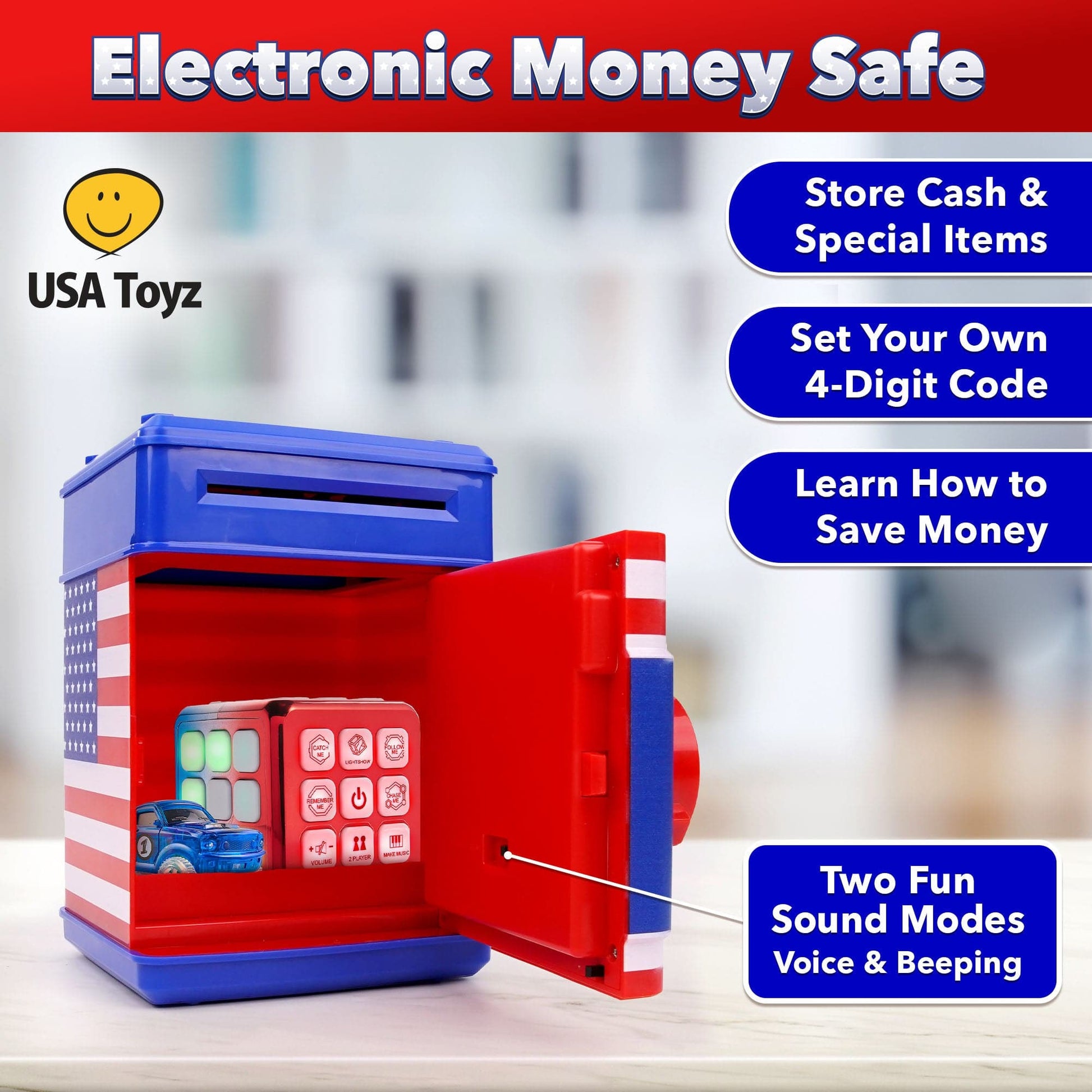 Blue and red piggy bank-