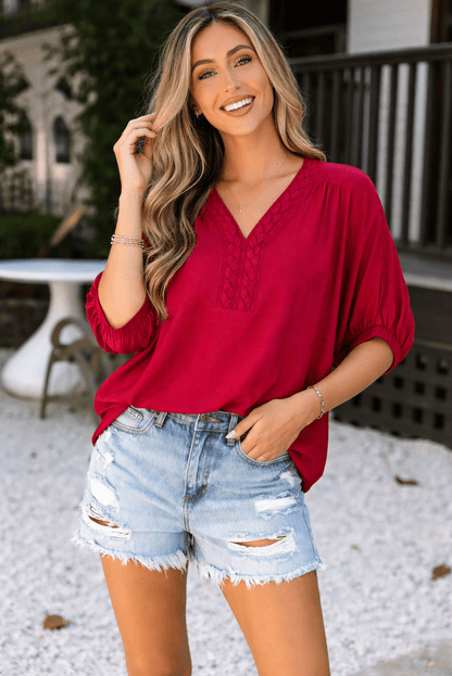 Willow Trim Half Sleeve Blouse - Racing Red / L - 12/14