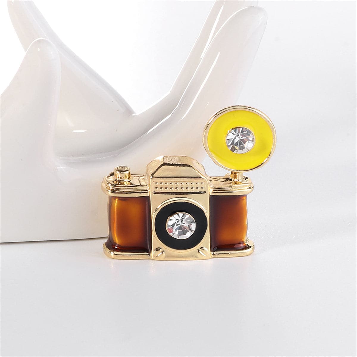 Cubic Zirconia & Goldtone Camera Brooch