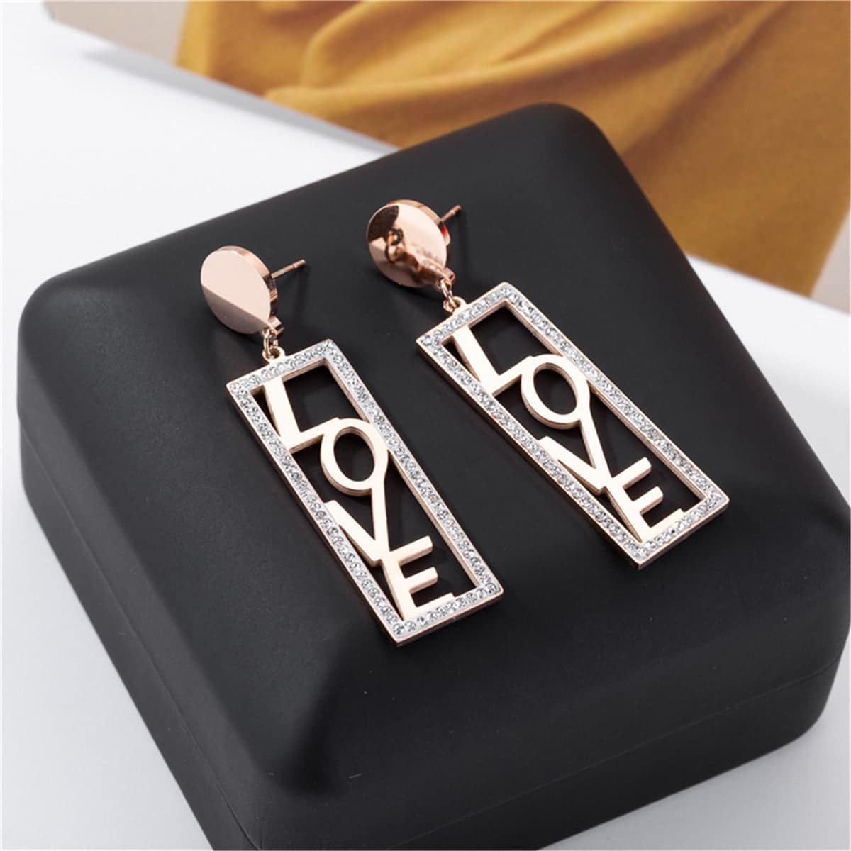 Cubic Zirconia & Rose Goldtone 'Love' Rectangle Drop Earrings