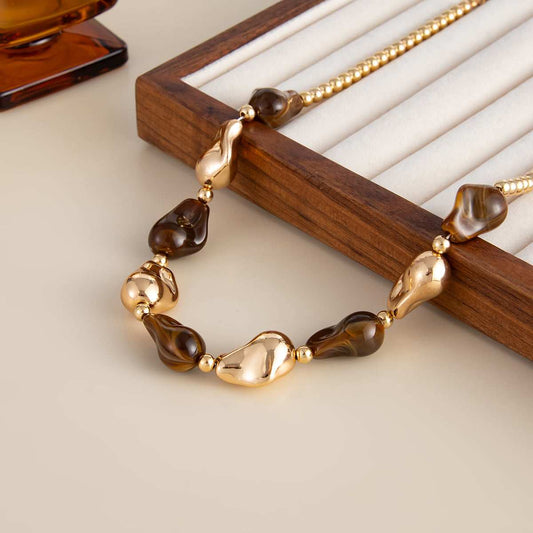 Brown Resin & Goldtone Irregular Drop Station Collar Necklace