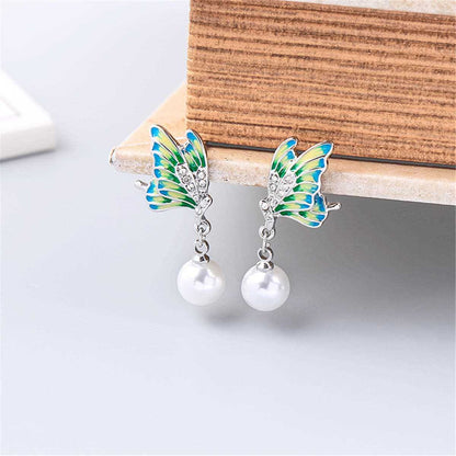 Green Enamel & Pearl Silvertone Butterfly Drop Earrings