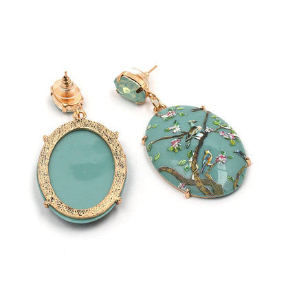 Green Crystal & Goldtone Bird Branch Oval Drop Earrings