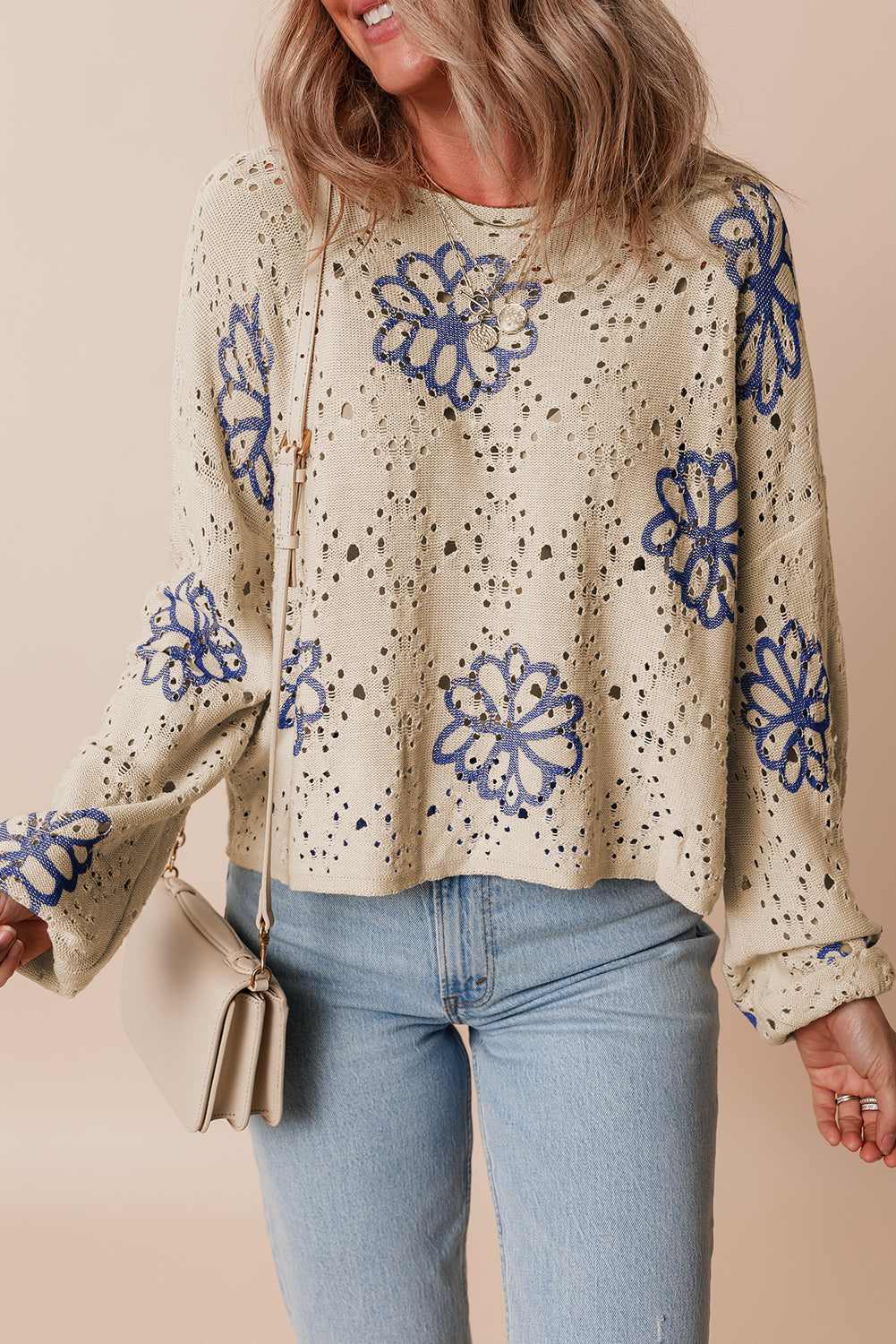 Threaded Pear Harper Eyelet Drop Shoulder Sweater