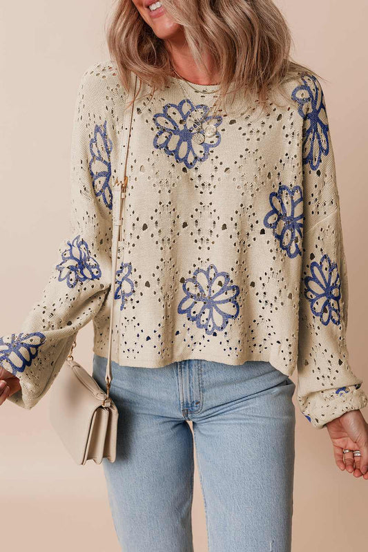 Threaded Pear Harper Eyelet Drop Shoulder Sweater