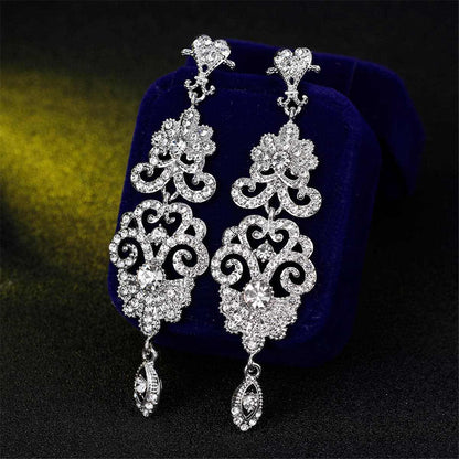 Cubic Zirconia & Silvertone Ornate Openwork Botany Drop Earrings