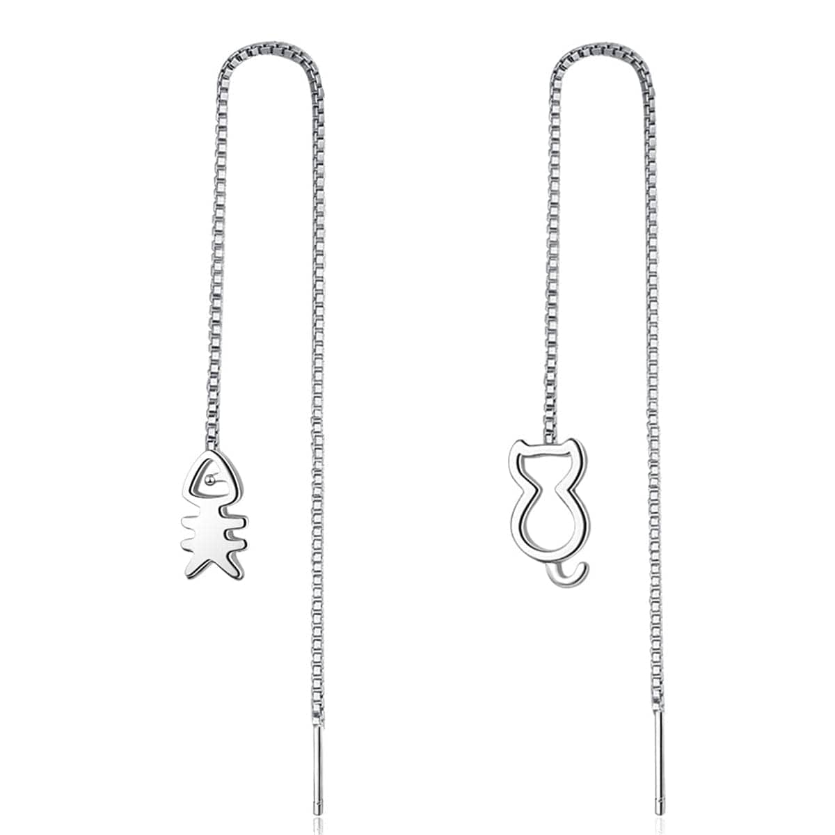 Silvertone Cat & Fishbone Threader Earrings