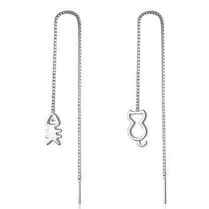 Silvertone Cat & Fishbone Threader Earrings