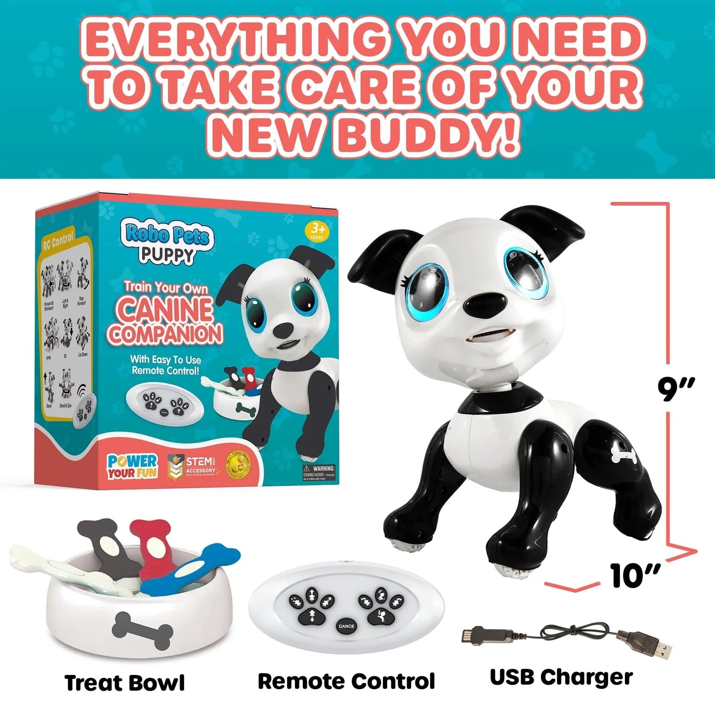 Black and white robot dog, white remoted, black, red, blue and gray food-