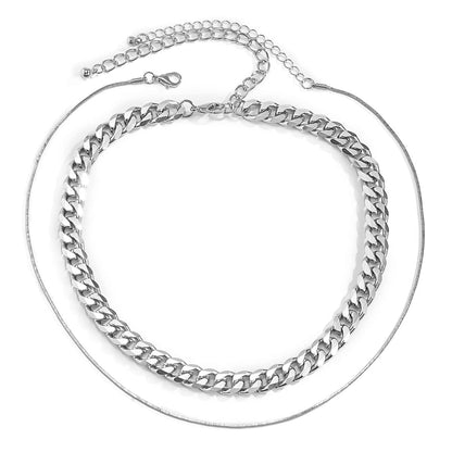 Silvertone Curb Chain Choker Necklace & Mini Herringbone Chain