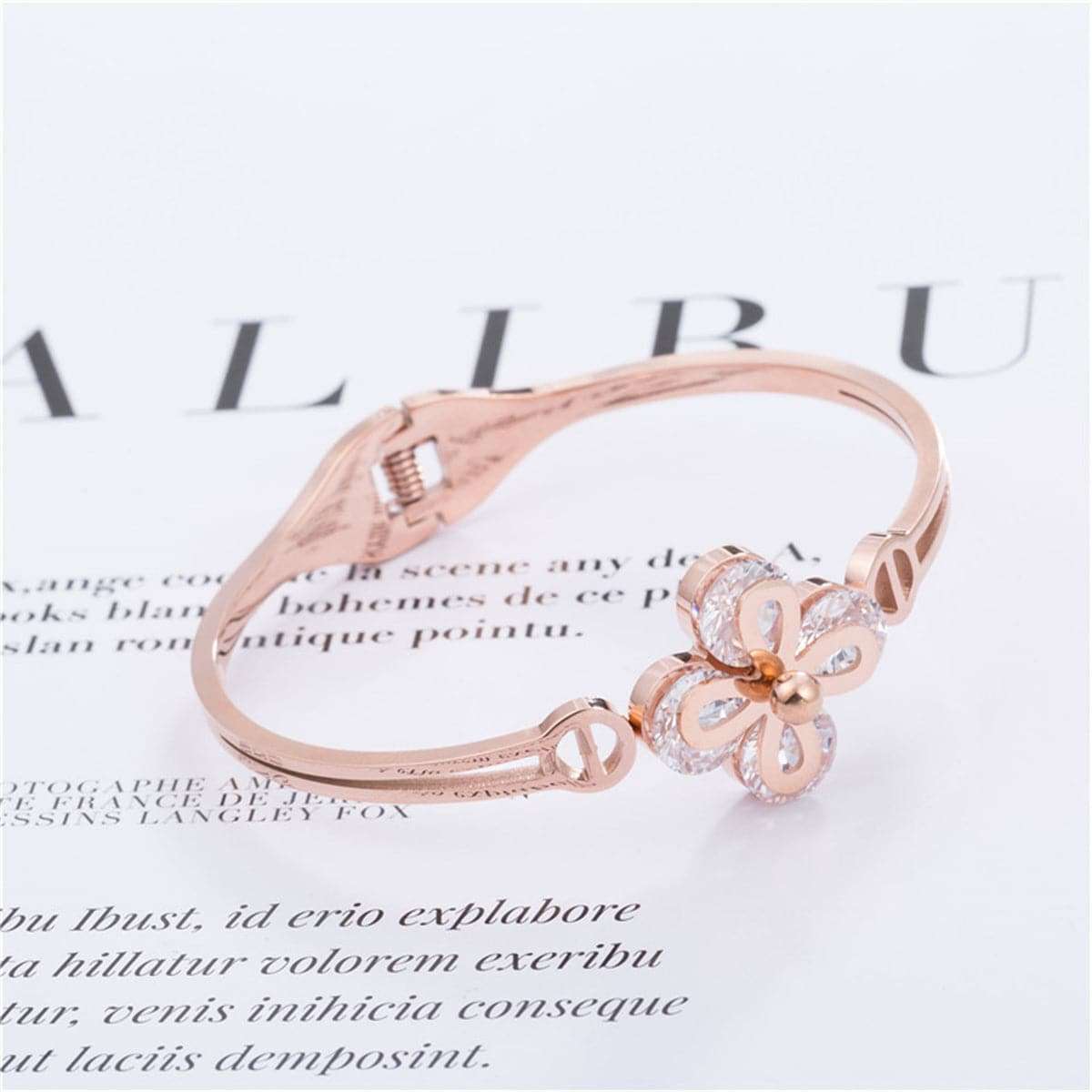 Crystal & Rose Goldtone Clover Bangle