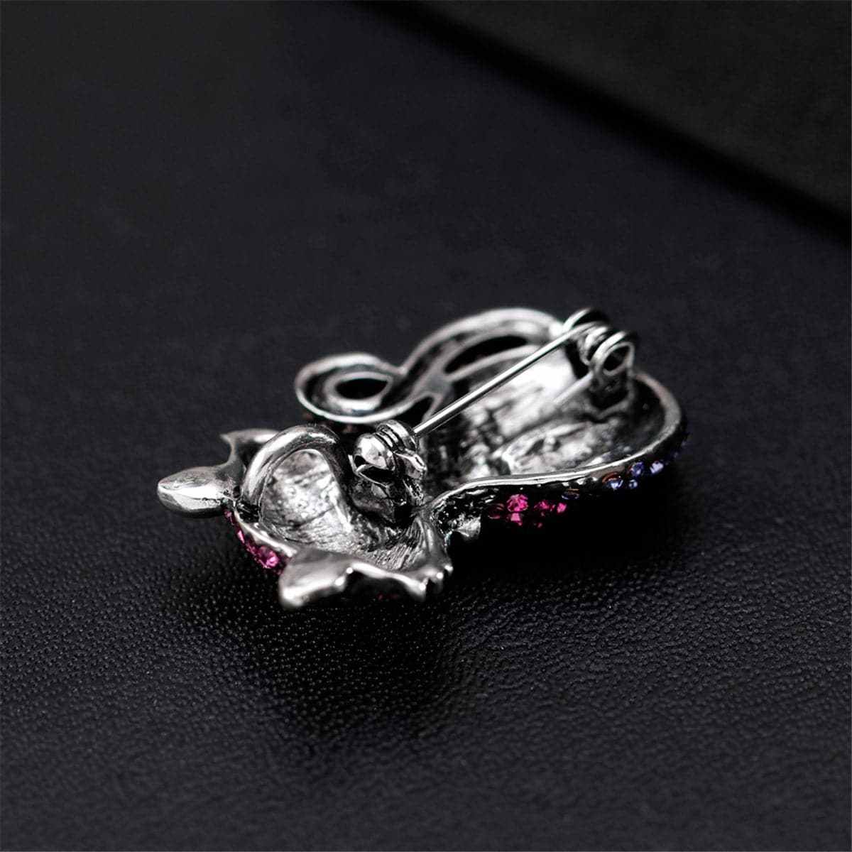 Purple Cubic Zirconia & Silvertone Kitty Brooch