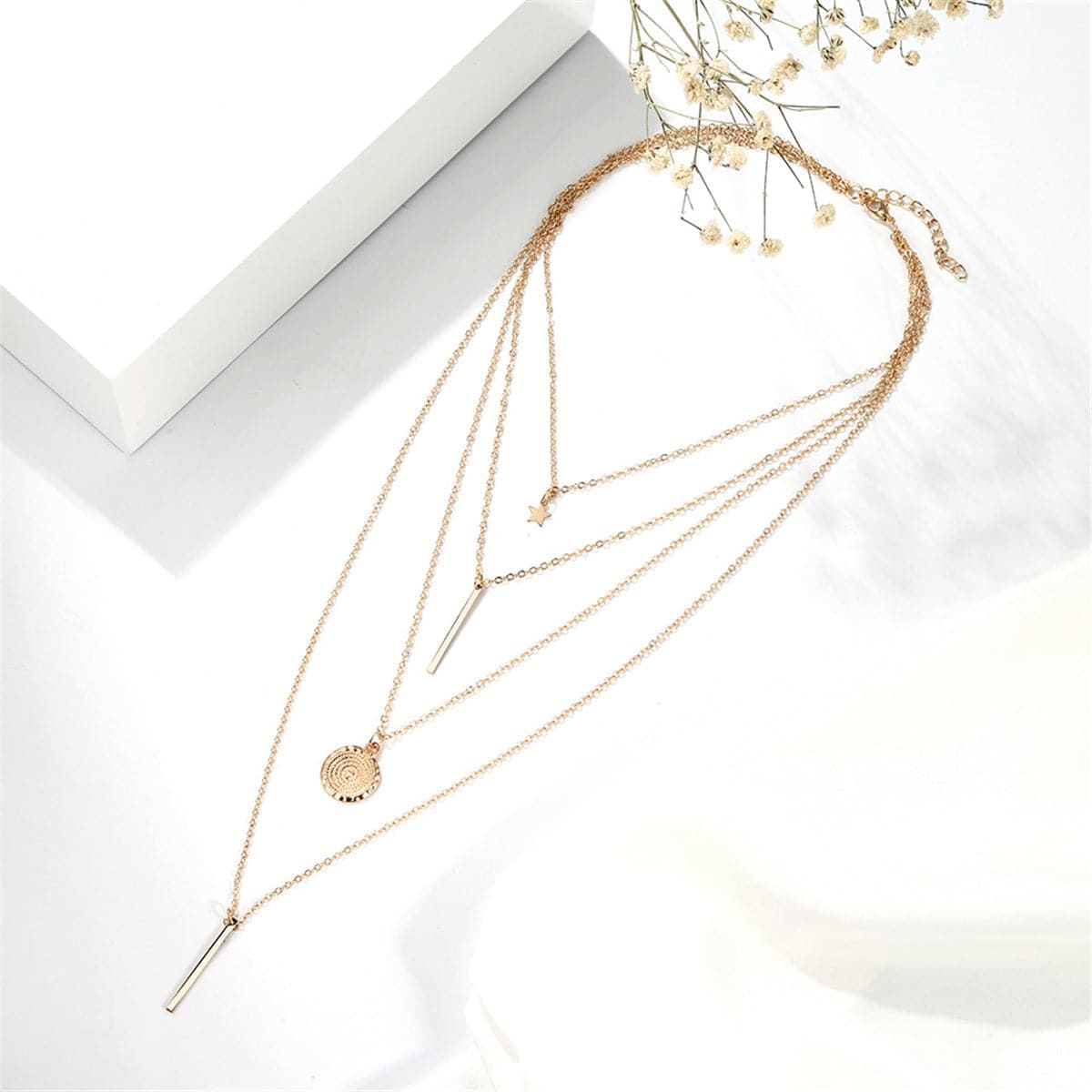 Goldtone Bar & Star Layered Pendant Necklace
