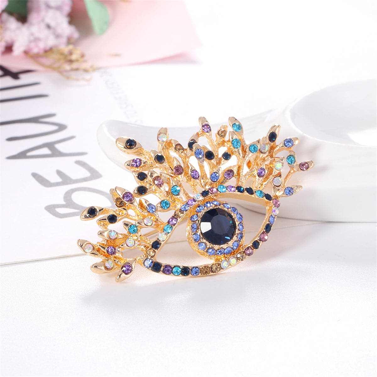 Blue Crystal & Multicolor Cubic Zirconia Goldtone Eye Brooch