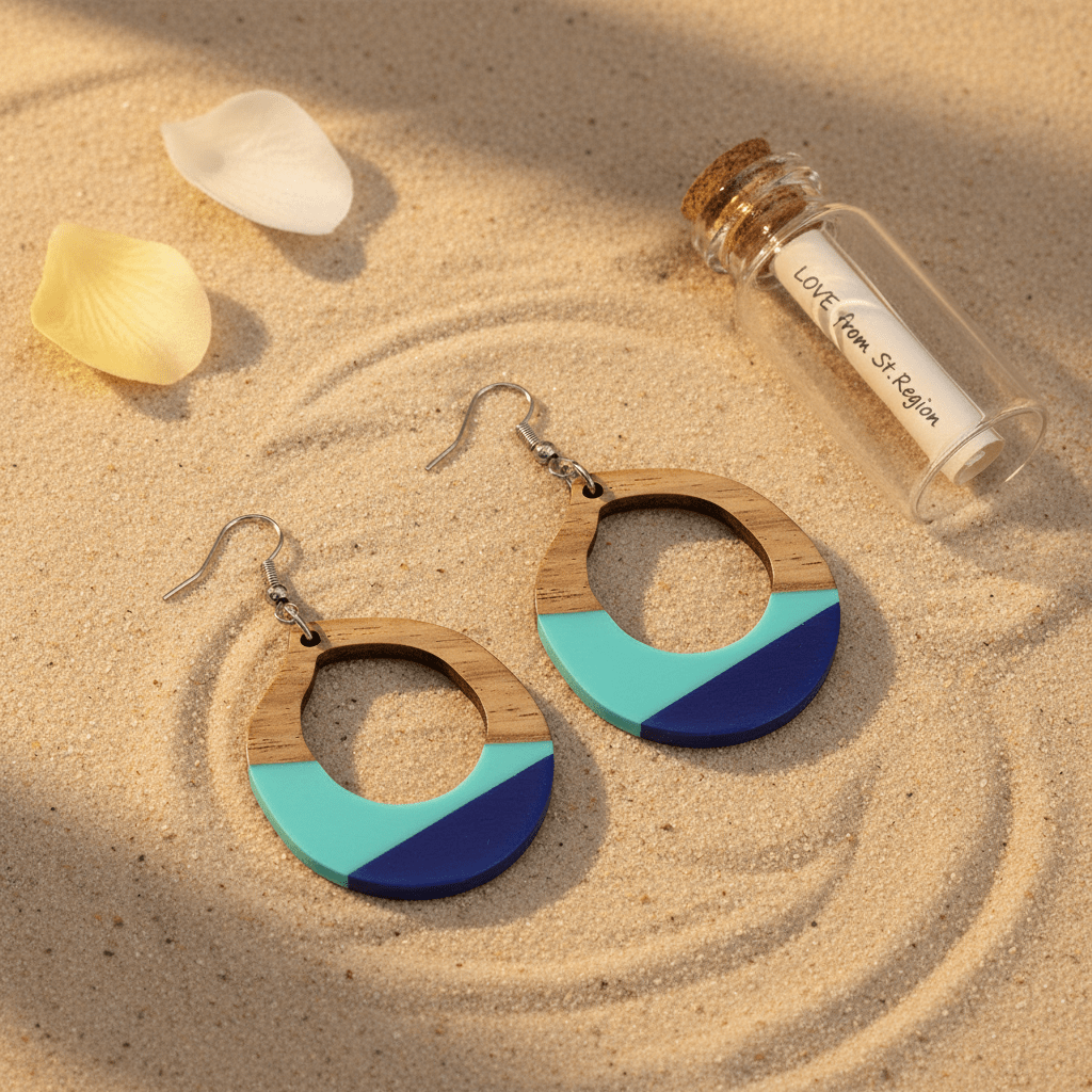 Aqua Resin & Wood Silvertone Open Teardrop Hook Earrings