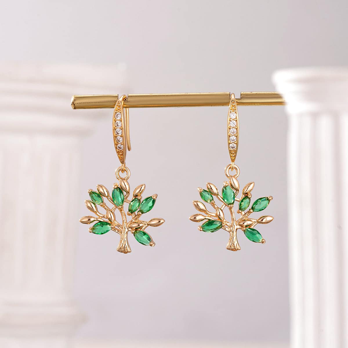 Green Crystal & Cubic Zirconia Goldtone Tree Hook Earrings