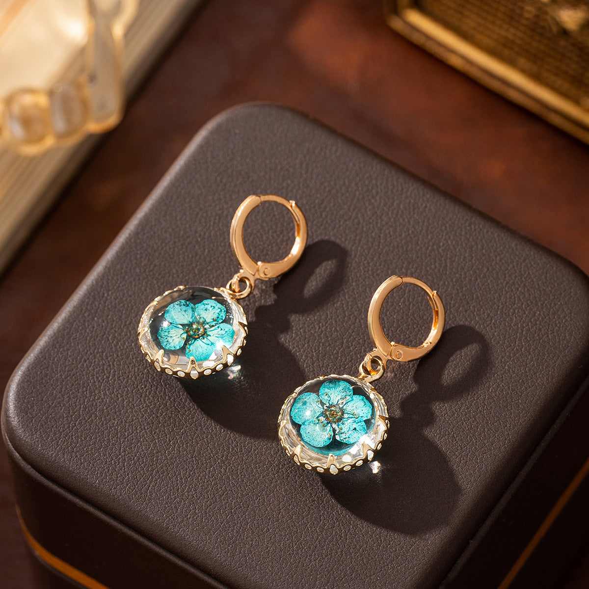 Light Blue Pressed Flower & Goldtone Round Huggie Earrings