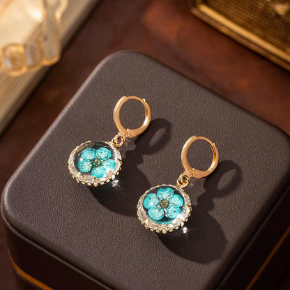 Light Blue Pressed Flower & Goldtone Round Huggie Earrings