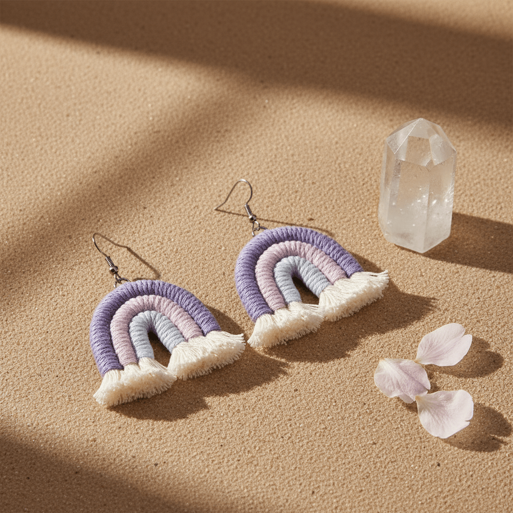 Purple Multi-Colored Yarn & Silvertone Rainbow Tassel Hook Earrings
