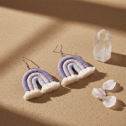 Purple Multi-Colored Yarn & Silvertone Rainbow Tassel Hook Earrings
