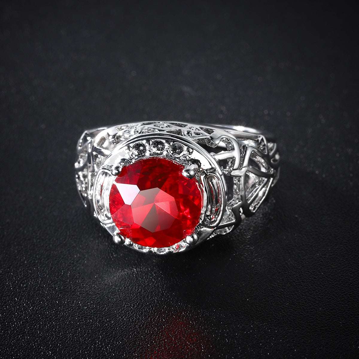 Red Crystal & Silvertone Filigree Cocktail Ring-2