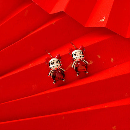 Red Crystal & Goldtone Heart Cattle Stud Earrings