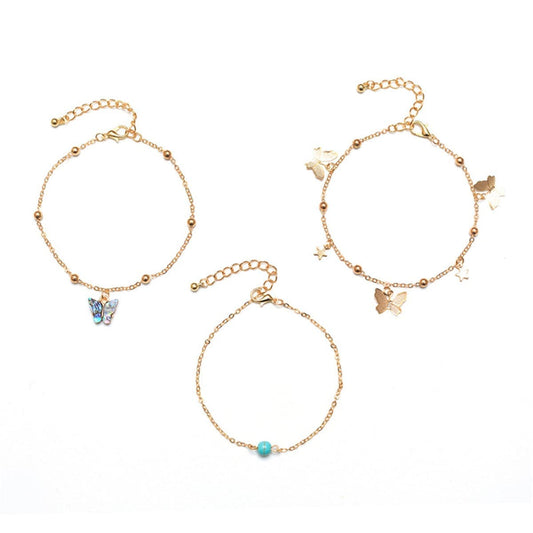 Abalone Shell & Turquoise Goldtone Butterfly Anklet Set