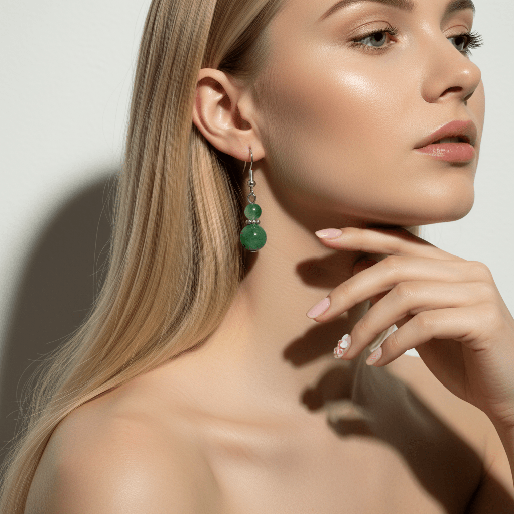 Green Jade & Silvertone ‌Gourd-Shape Hook Earrings