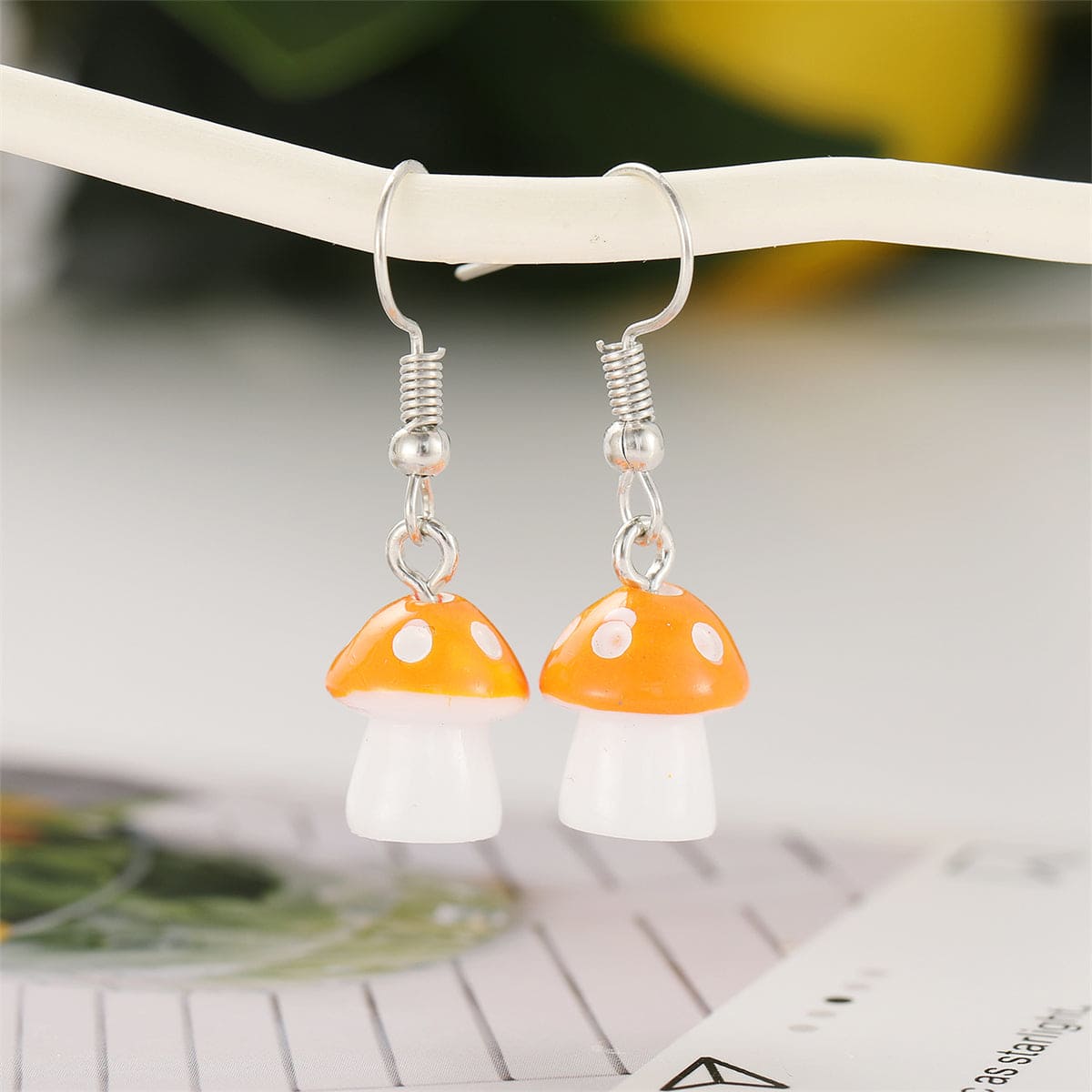 Orange Resin & Silvertone Dot Mushroom Drop Earrings