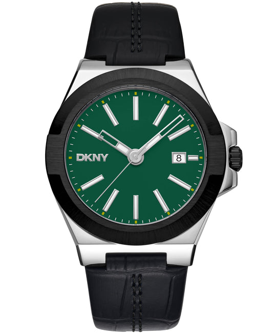 Dkny Men Watch, Two Tone Silver & Black Color Case, Dark Green Dial, Black Leather Strap, 3 Hands Date, 10 Atm