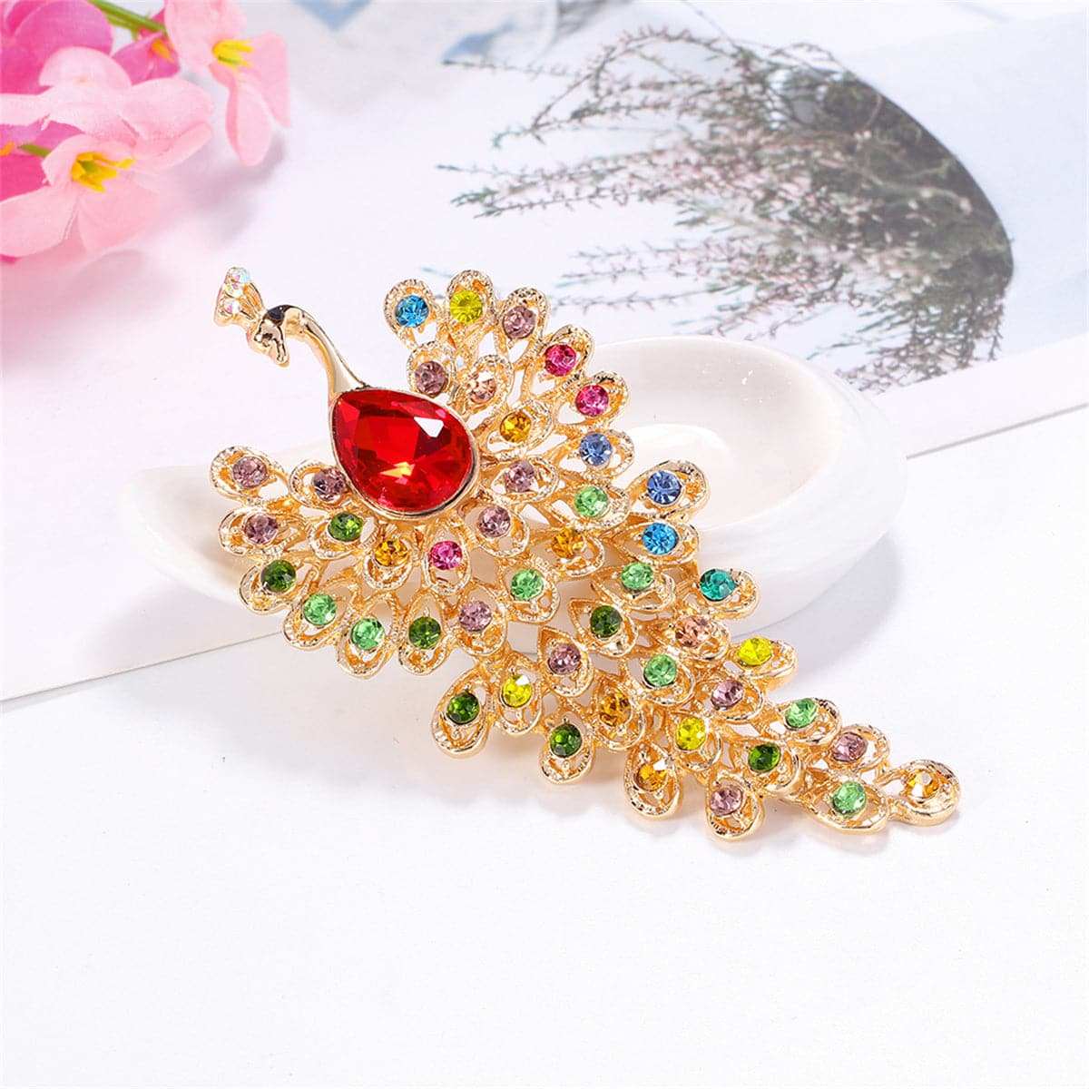 Red Crystal & Cubic Zirconia Goldtone Peacock Brooch