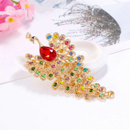 Red Crystal & Cubic Zirconia Goldtone Peacock Brooch