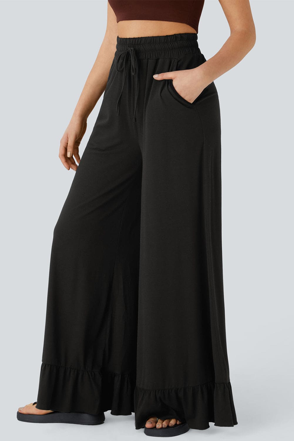 Threaded Pear Freya Ruffled Wide Leg Pants with Pockets