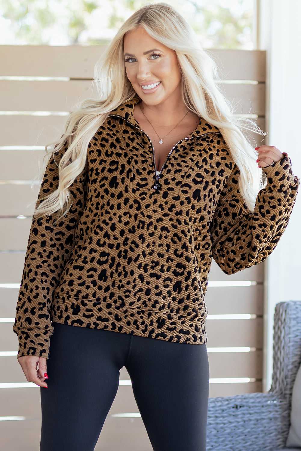 Ava Print Quarter Zip Sweatshirt - Brown / M - 8/10