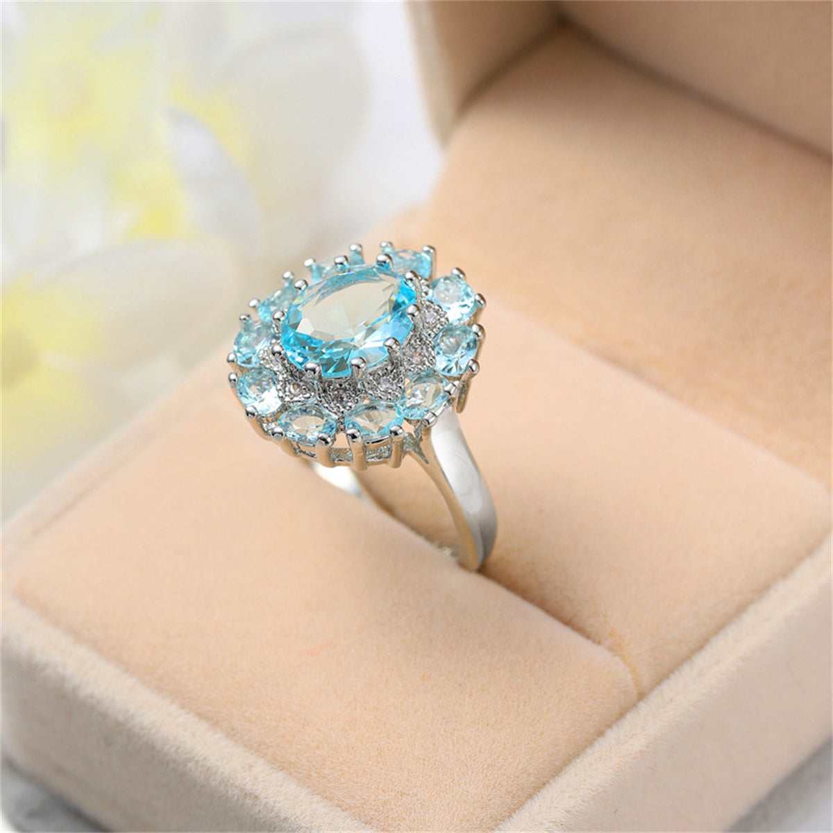 Sea Blue Crystal & Silvertone Halo Ring