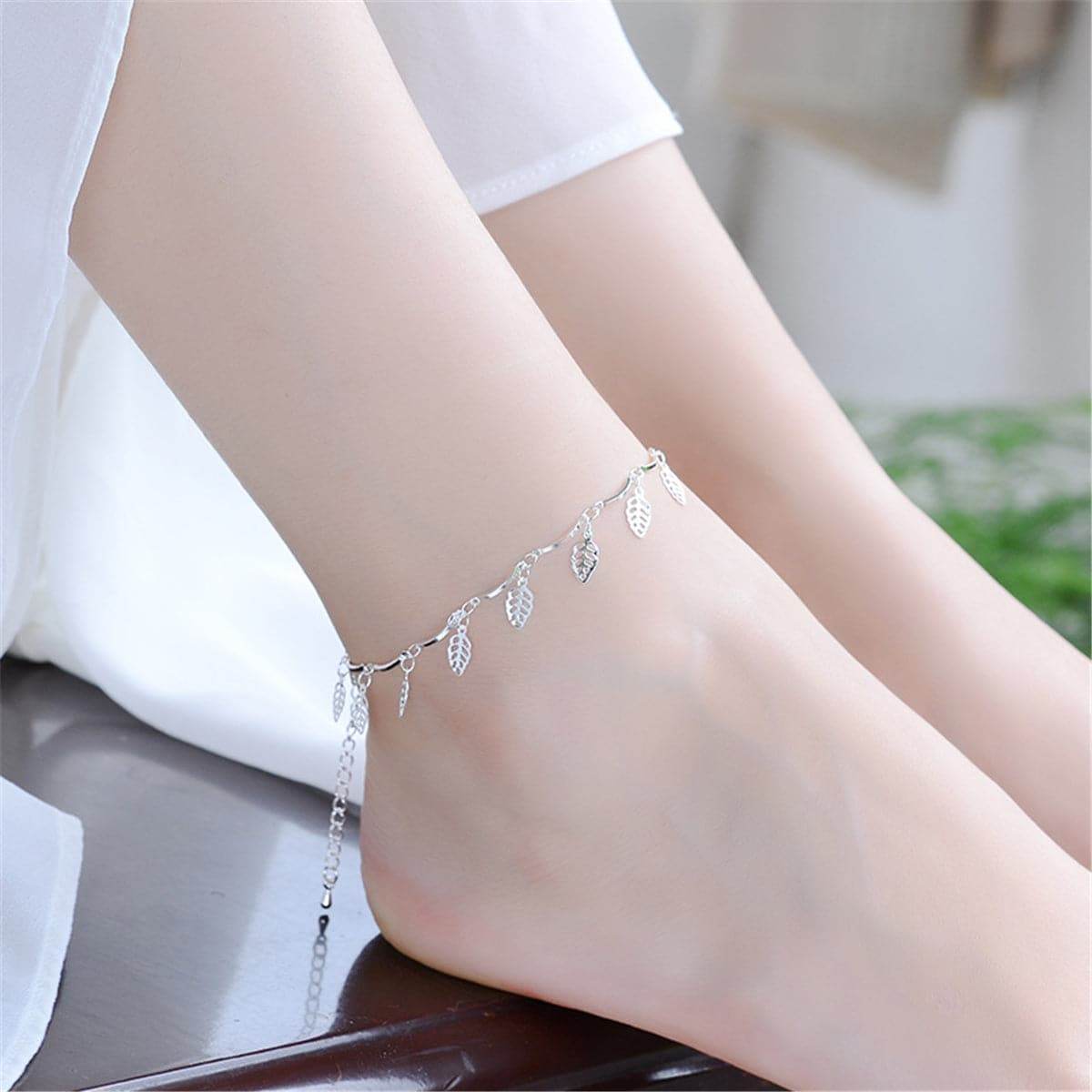 Silvertone Leaf Station Anklet