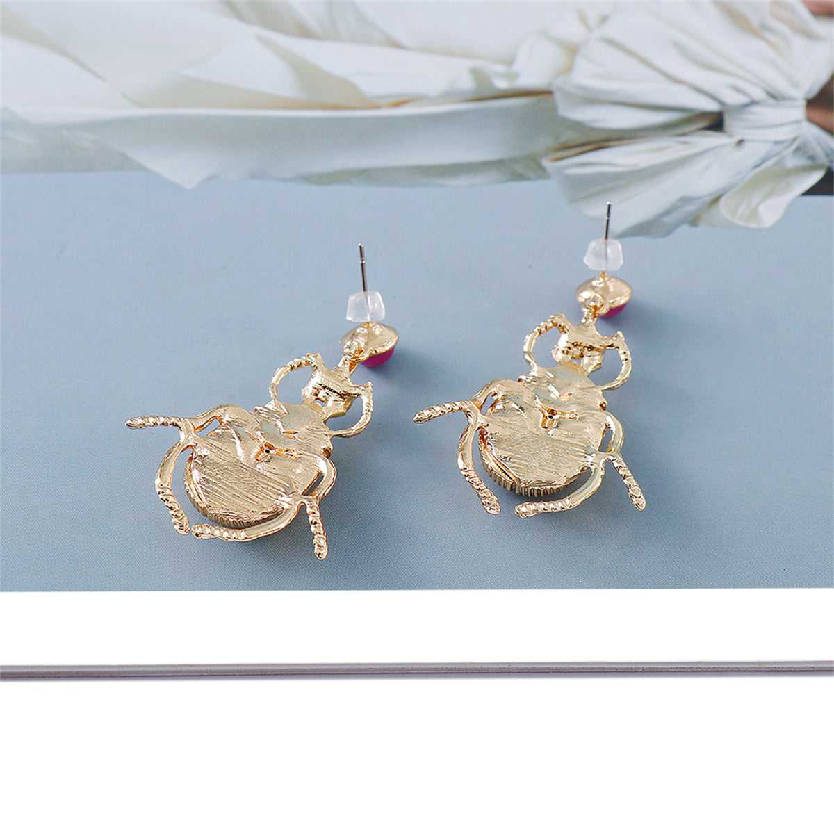 Pink Resin & Goldtone Beetle Drop Earrings