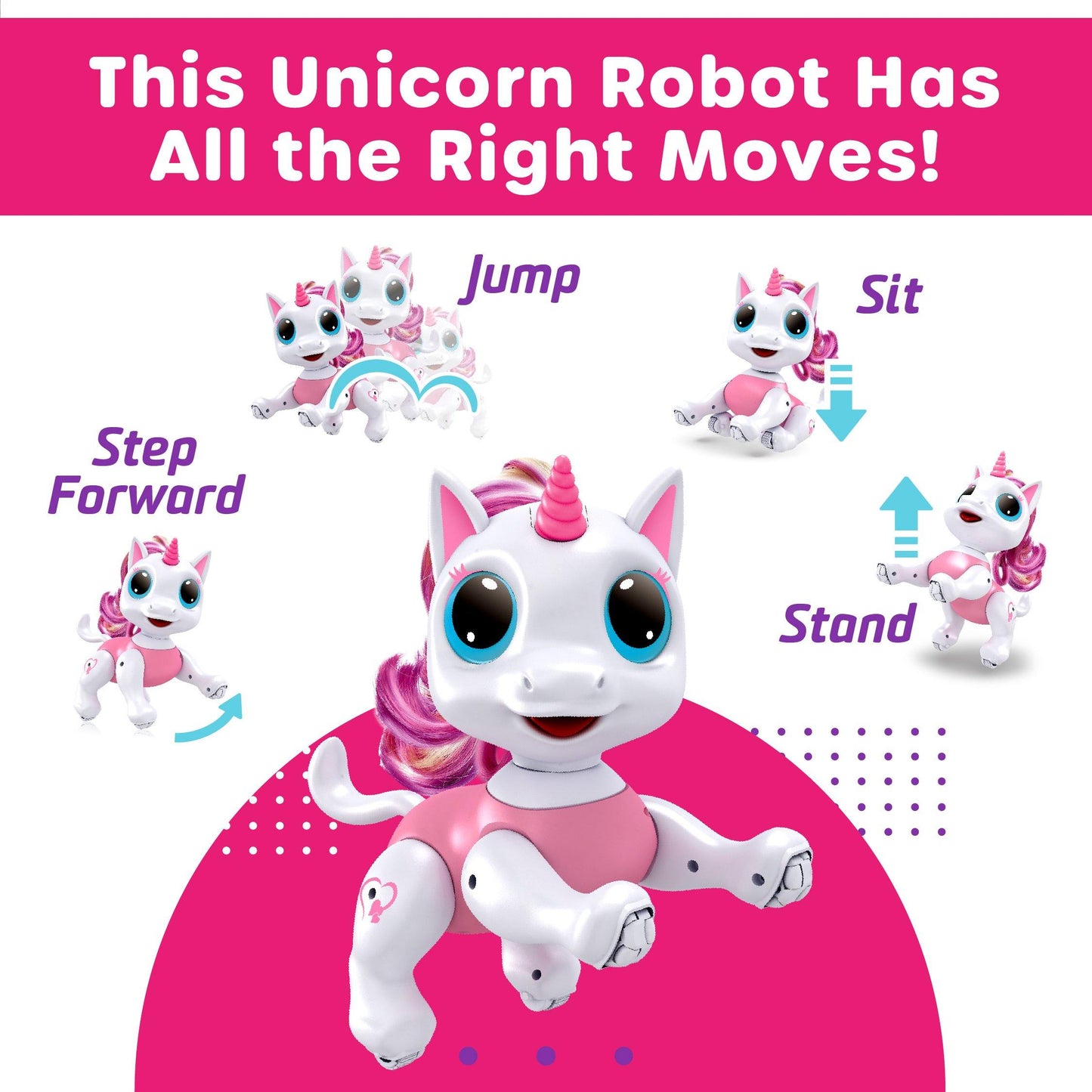 Pink/White robot unicorn, white remote, and , pink and black food-