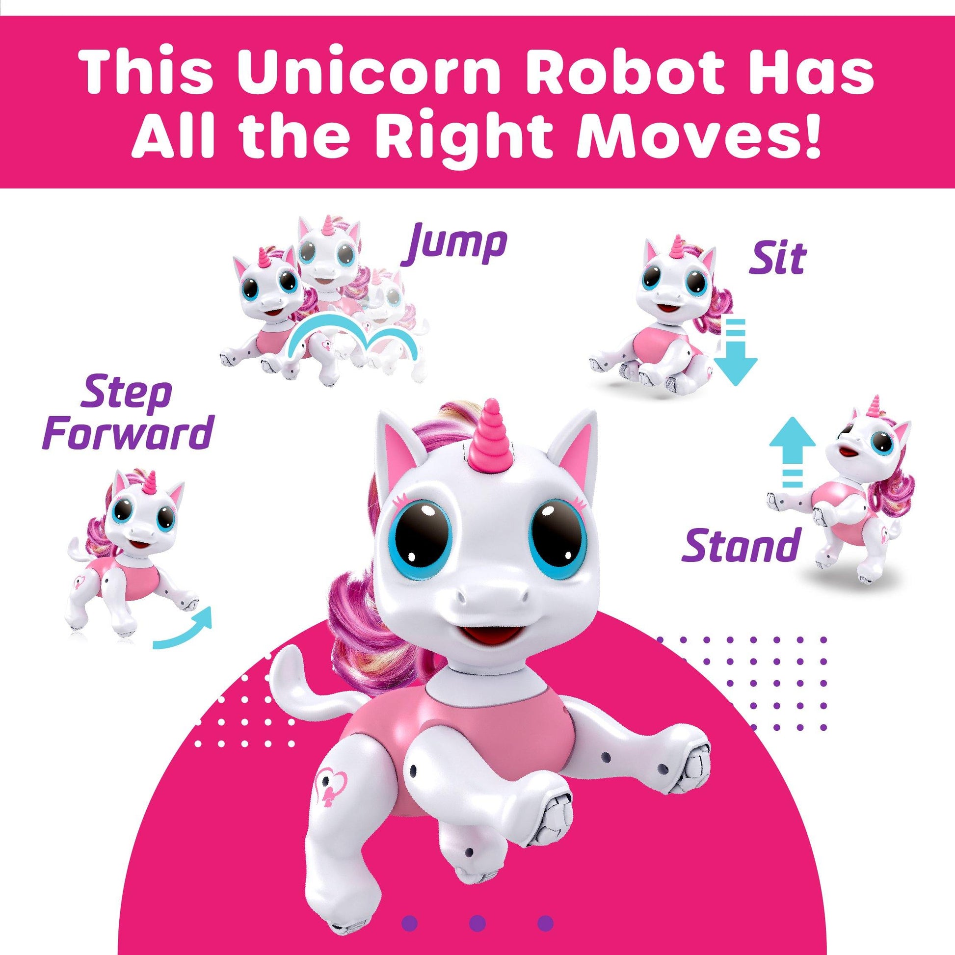 Pink/White robot unicorn, white remote, and , pink and black food-