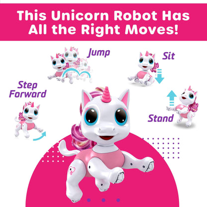 Pink/White robot unicorn, white remote, and , pink and black food-