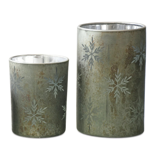 Melrose International Etched Snowflake Mecury Glass Candle Holder (Set of 2)