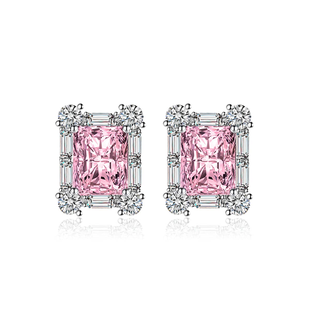 Pink Crystal & Cubic Zirconia Silvertone Rectangular Stud Earrings