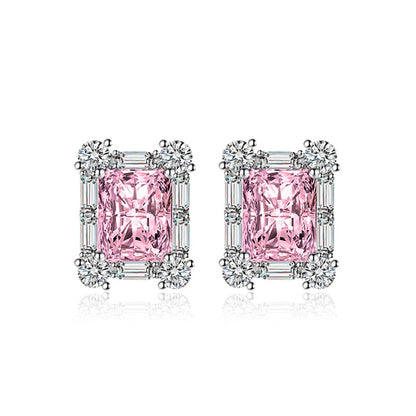 Pink Crystal & Cubic Zirconia Silvertone Rectangular Stud Earrings