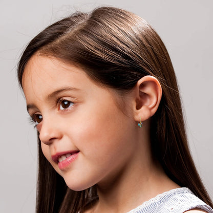 Kids 14k Gold Plated Blue Topaz Enamel Trio Dangling Hearts Earrings