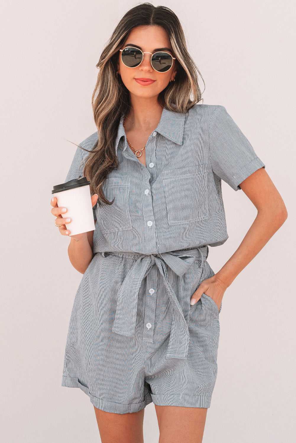 Fernanda Stripe High Waist Romper - Blue Stripe / S - 4/6
